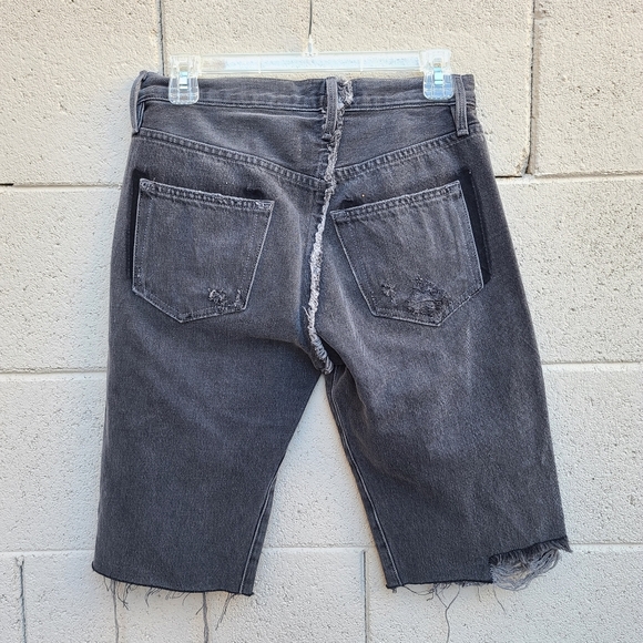 Imaan x Frame | Distressed Knee Length Bermuda Cut Off Gray Denim Shorts Size 24 - Picture 9 of 13